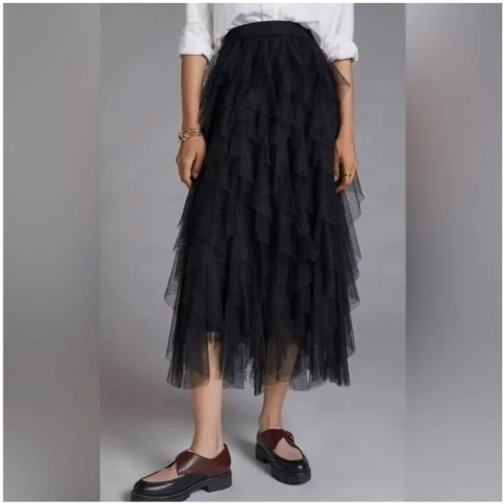 Anthropologie Black Layered Tulle Midi Skirt Sz Xs - Picture 2 of 3